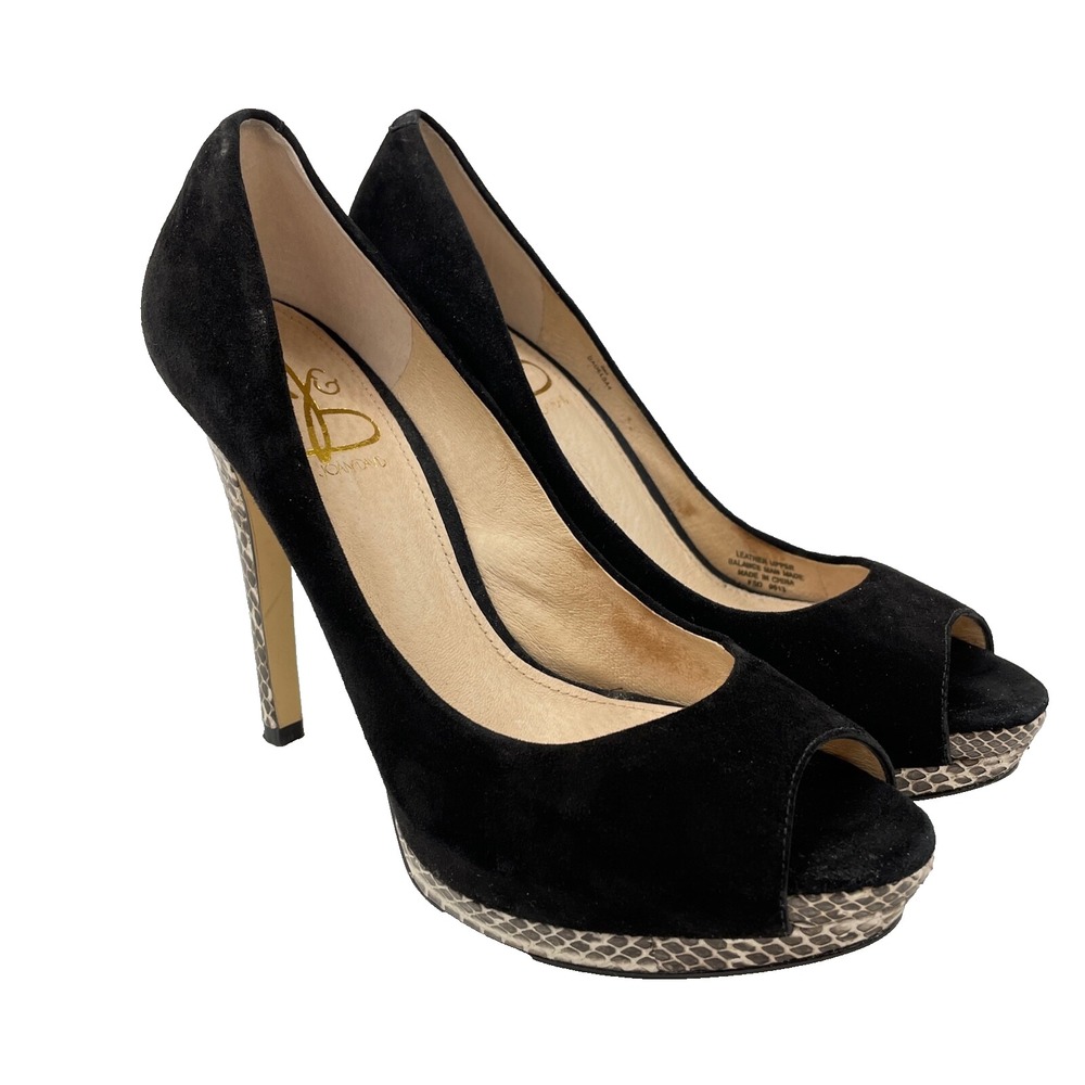 Joan & David Black Leather Dadelsa Pumps Womens 8 White Snakeskin Print Open Toe